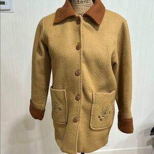 Vintage Haband Tan Fleece Pea Coat with Embroidered Pockets